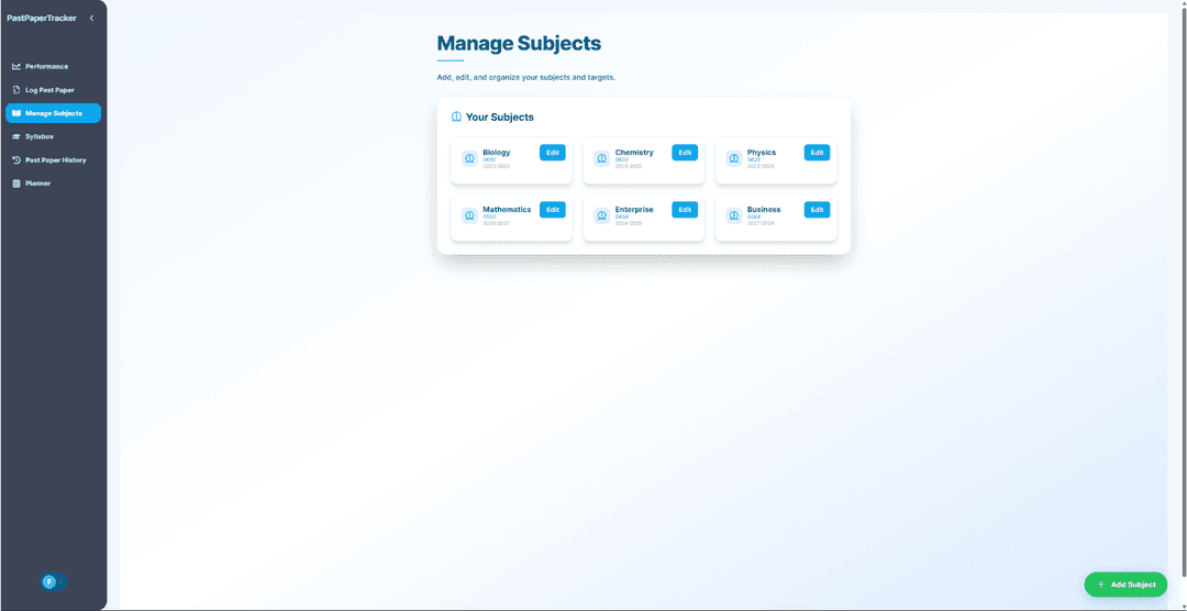Manage Subjects Screenshot