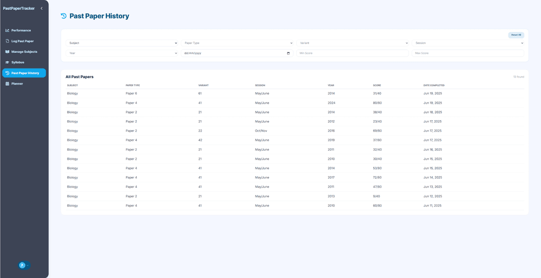 Past Paper History Screenshot